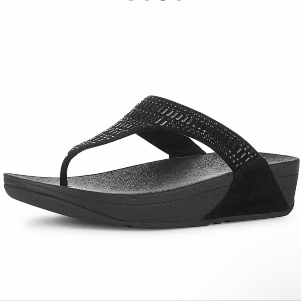 Fitflop Incastone Beaded Black Thong Sandals Size 11 Women’s Low Wedge Comfort